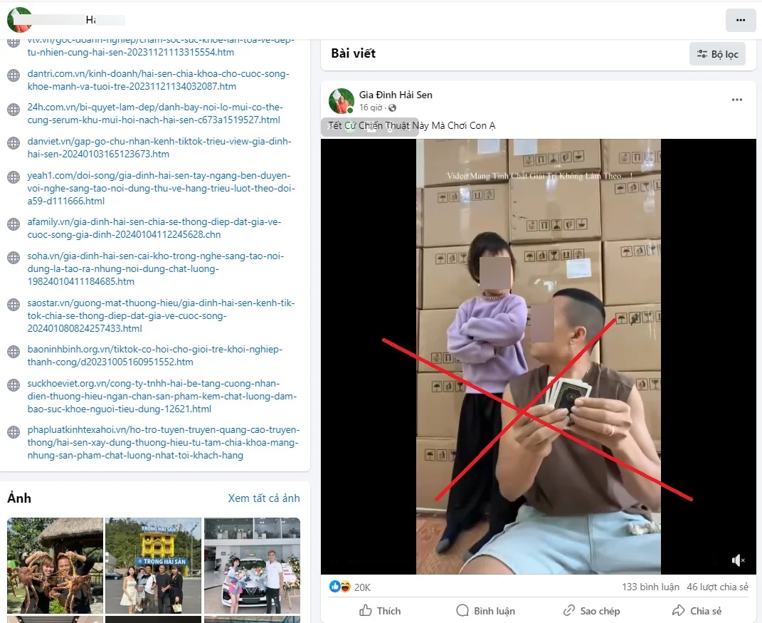 Kênh Gia đình Hải Sen đăng tải một video giải trí diễn tả lại cảnh "đánh bạc ăn tiền" và nhận về hàng trăm nghìn lượt tương tác trên cả Facebook và Tiktok. 