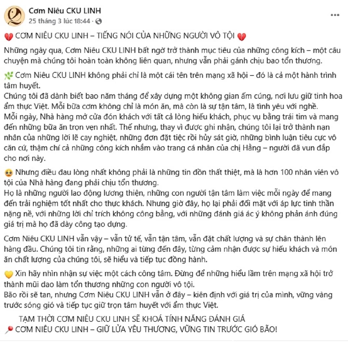 Nhà hàng Cơm niêu CKU LINH đang xử lý khủng hoảng sai cách hay họ lợi dụng scandal để làm truyền thông từ vụ Quang Linh Vlog?