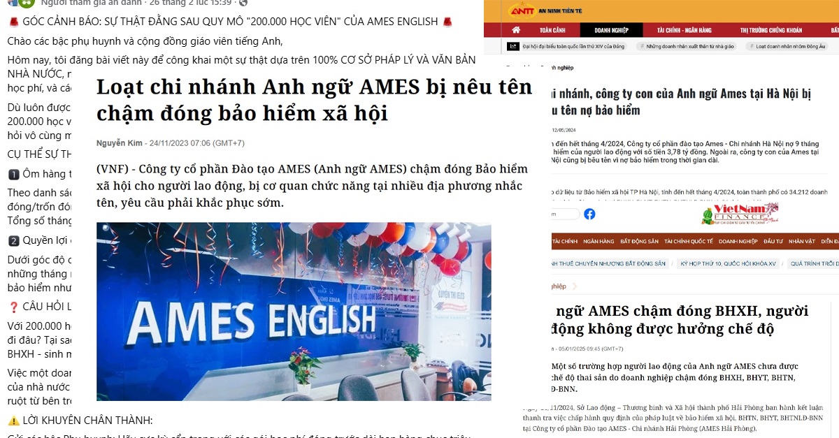 Trung tâm tiếng Anh AMES ENGLISH giữa khủng hoảng truyền thông phốt nợ bảo hiểm, không phép và thiếu chuẩn.