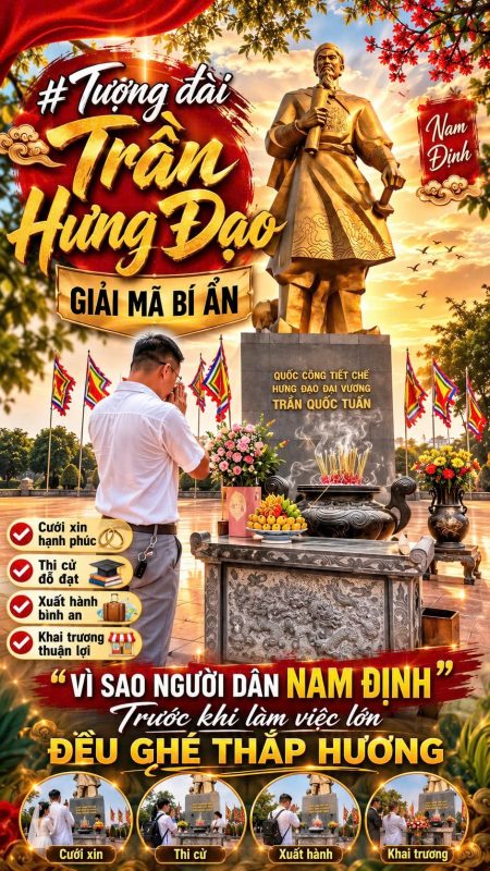 Có một nơi mà bất cứ người dân Nam Định nào trước khi làm việc lớn như cưới xin, thi cử, xuất hành, khai trương... đều ghé đến thắp hương. Đó chính là tượng đài Quốc công tiết chế Hưng Đạo Đại Vương Trần Quốc Tuấn. 